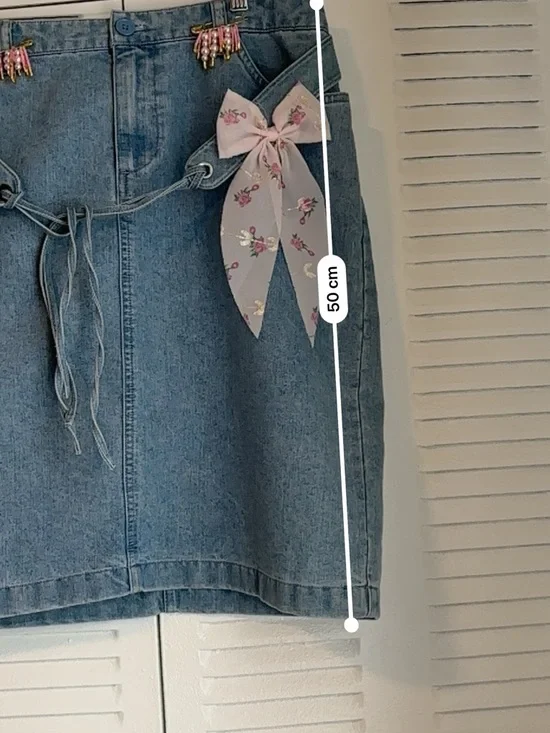 Upcycled Denim Mini Skirt Size 10 – Handmade Charm Details & Floral Bow🌸 - Picture 12 of 12